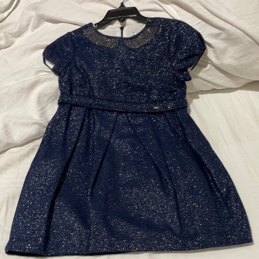 Mayoral 6 navy metallic 4925-17 short sleeve belted wool like lined dress nwt
